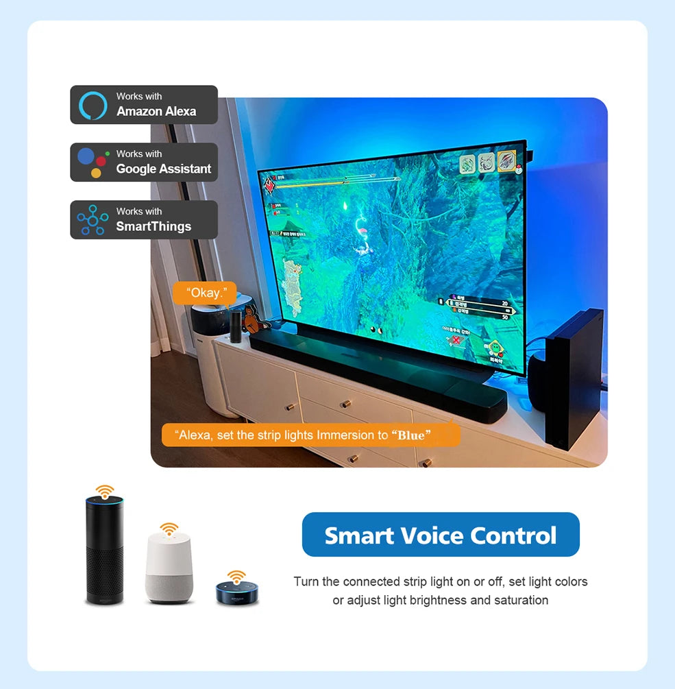 4K SyncBox LED Backlight — Real-Time HDMI 2.0 / 2.1 TV Lighting Kit with Voice Control